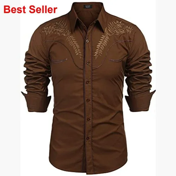 Cotton Western Embroidered Button Down Shirt Long Sleeve Casual